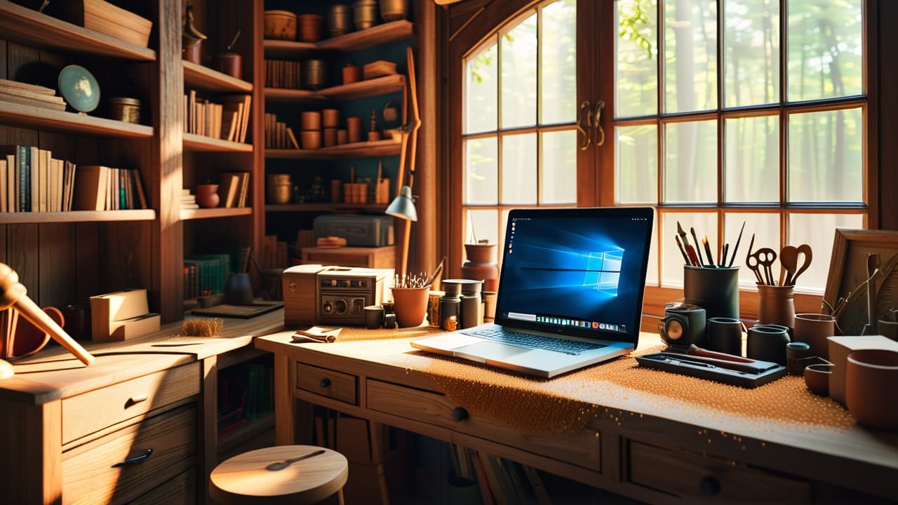  a rustic wooden workshop filled with handcrafted furniture, intricate wood art pieces, and tools. a laptop on a workbench displays various online marketplaces, surrounded by sawdust and sunlight filtering through large windows. hyperrealistic, full body, detailed clothing, highly detailed, cinematic lighting, stunningly beautiful, intricate, sharp focus, f/1. 8, 85mm, (centered image composition), (professionally color graded), ((bright soft diffused light)), volumetric fog, trending on instagram, trending on tumblr, HDR 4K, 8K