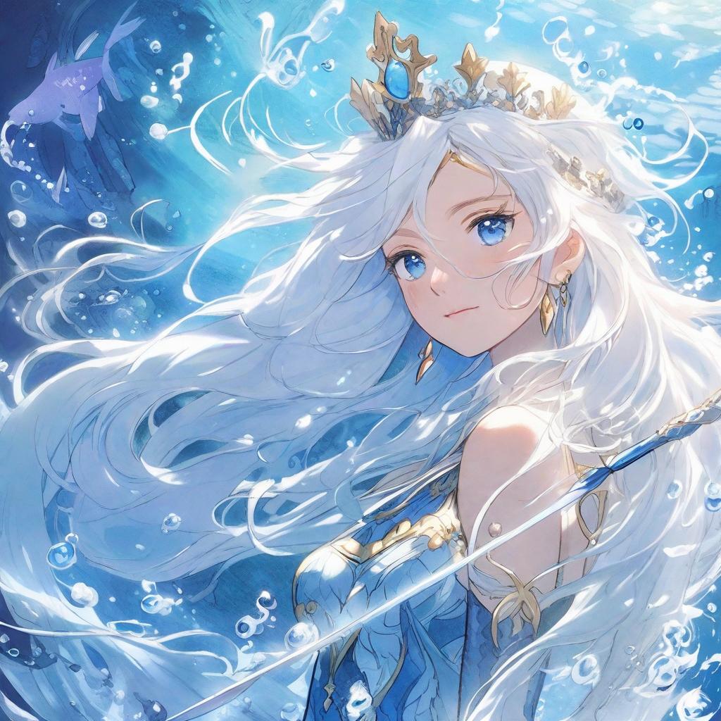  "in the mysterious intersection of time and space, genshin impact's water goddess funina and honor of kings' auxiliary hero doria met unexpectedly. they were in a dreamlike space, surrounded by a wonderful fusion of water elements and marine creatures. funina (female, long white hair with a crown and blue eyes) wore gorgeous blue clothes and held a blue one handed sword, with curiosity and majesty in her eyes. doria (female, long blue hair and blue eyes) floated gracefully beside her in the form of a mermaid. her singing seemed to travel through time and space, communicating silently with funina. although the two characters came from different worlds, at this moment, they jointly guarded this dreamland, showing cross border friendship and s