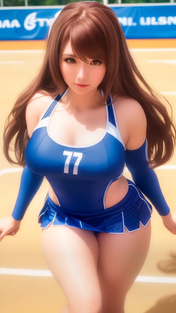  Woman looking at the camera from the front with long brown hair dressed as a blue college cheerleader with the number seventy-seven in white on her chest , hyperrealistic, high quality, highly detailed, cinematic lighting, intricate, sharp focus, f/1. 8, 85mm, (centered image composition), (professionally color graded), ((bright soft diffused light)), volumetric fog, trending on instagram, HDR 4K, 8K