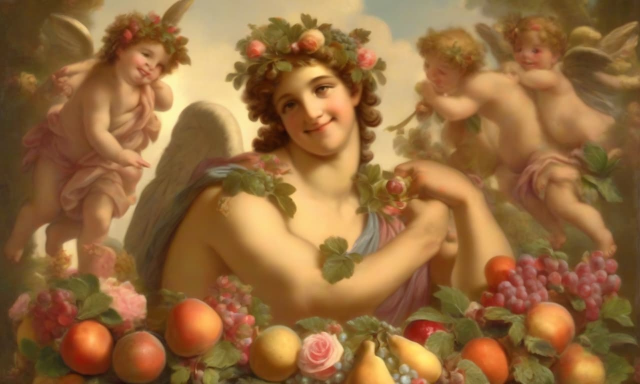  smiling with flowers, fruits and a jug of wine kisses apollo surrounded by cupids