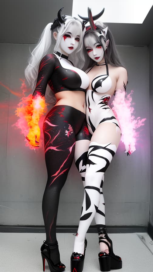  White and red flame pattern body paint in every corner of the whole body, Black body paint full body, grey face paint on the face, two succubus, full body image 女性