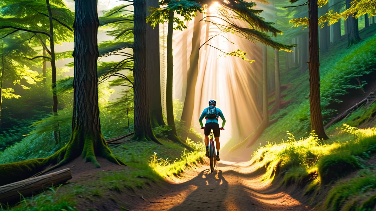  a split scene showcasing a serene forest trail with a runner in mid stride on one side, and a mountain biker navigating a rugged path on the other, both surrounded by vibrant greenery and sunlight filtering through trees. hyperrealistic, full body, detailed clothing, highly detailed, cinematic lighting, stunningly beautiful, intricate, sharp focus, f/1. 8, 85mm, (centered image composition), (professionally color graded), ((bright soft diffused light)), volumetric fog, trending on instagram, trending on tumblr, HDR 4K, 8K