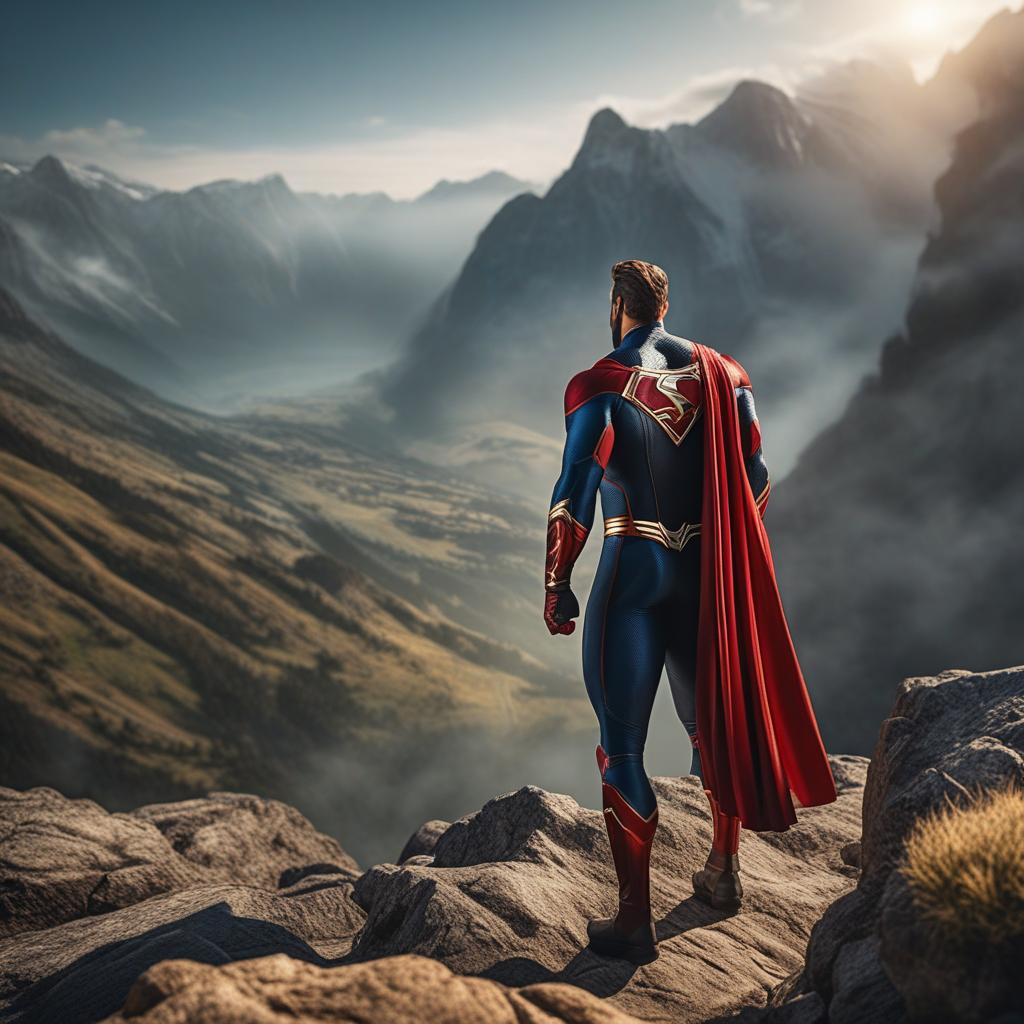  a superhero in a mountain range hyperrealistic, highly detailed, cinematic lighting, stunningly beautiful, intricate, sharp focus, f/1. 8, 85mm, (centered image composition), (professionally colour graded), ((bright soft diffused light)), volumetric fog, hdr 4k, 8k