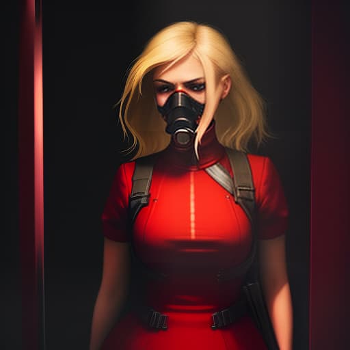  woman with a gun, muzzle pointed to the cell. nice dress, blonde. dark background, red light