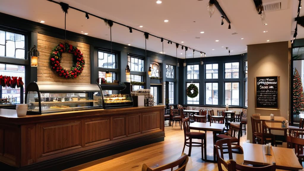  an empty christmas coffee shop in the city with holiday decorations