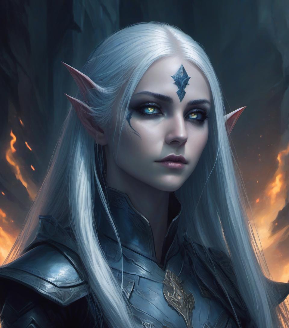  concept art a dark elf girl with <small neat elf ears: 7.9>, long platinum colored hair, preference for cold steel <curved daggers in each hand>, eye color slate blue with a glow effect, predatory gaze, . digital artwork, illustrative, painterly, matte painting, highly detailed