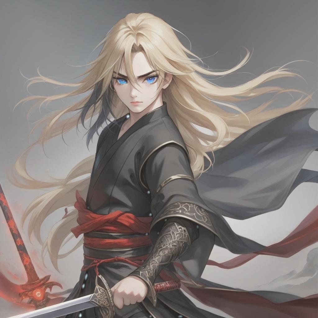  breathtaking realistic photo, a character from the novel “system save yourself for the main character”, lo binghe, a young man in black with an unassuming long sword behind his back. long black hair to the waist, red eyes, demonic mark on the forehead the girl is blonde, blonde hair to the shoulder blades, european face type, light skin, blue eyes, plump lips, a small tummy at the bottom of the waist, . award winning, professional, highly detailed, hkmagic