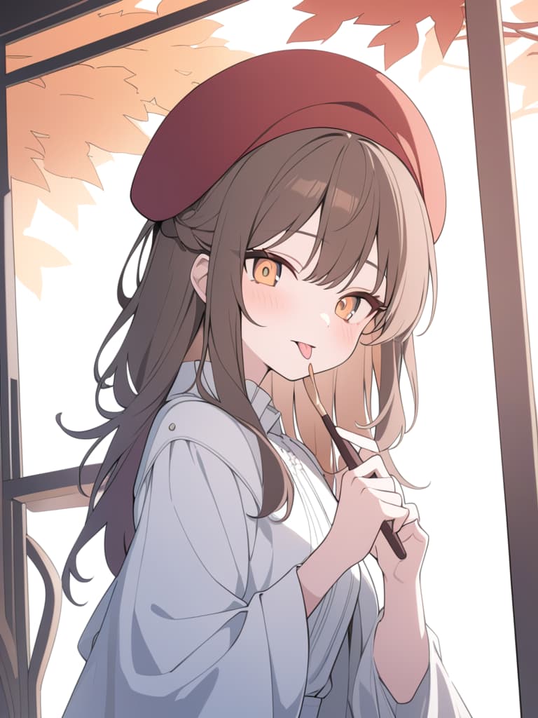  ((beret,cute,tongue out,tongue licking,brown hair,orange eyes,star shaped highlights,red beret,holding a paintbrush,autumn,autumn like fashion,autumn,autumn art,autumn like scenery))、ultra detailed,best shadow,cute and beautiful face,(masterpiece:1.2),(best quality:1.2),detailed background,high contrast,(best illumination,an extremely delicate and beautiful),((cinematic light)),hyper detail,dramatic light,intricate details,8k,anime,very aesthetic