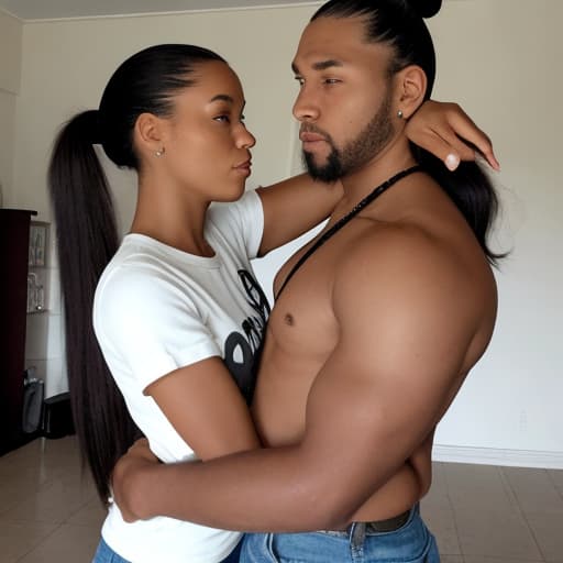  Big ponytail girl standing on her man her