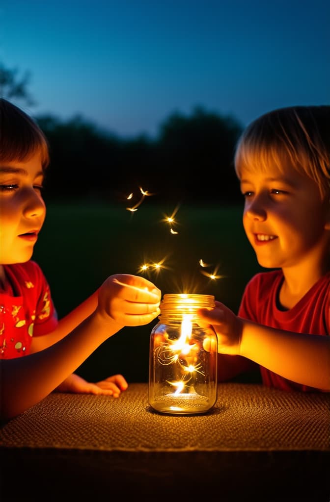  cinematic film style, photorealistic close up of kids catching fireflies at dusk, soft summer evening light, detailed hands and jars, joyful expressions, outdoor setting ar 2:3, shallow depth of field, vignette, maximum details, high budget hollywood movie, bokeh, cinemascope, moody, epic, gorgeous, sun rays and shadows on furniture and surfaces, flattering light, raw photo, photography, photorealistic, 8k resolution, f1.4, sharpened focus, sharp focus