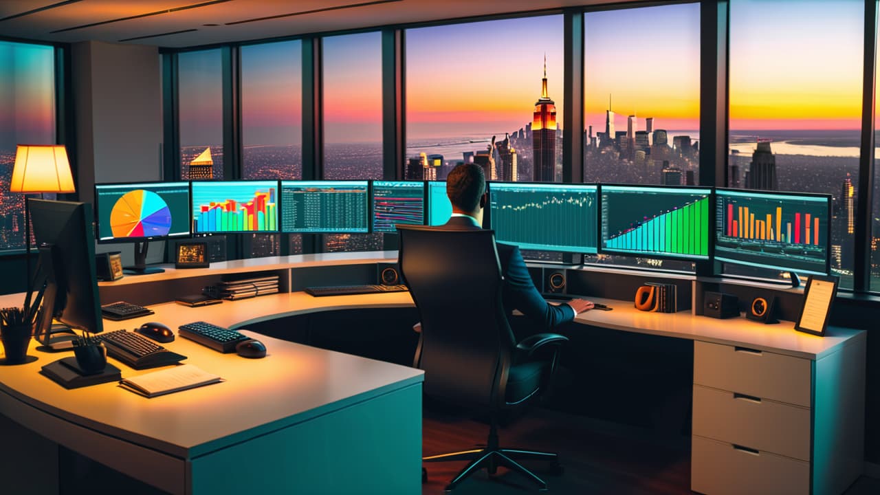  a vibrant trading desk scene with a diverse group of beginners analyzing colorful stock charts on multiple screens, surrounded by financial books, coffee cups, and a large window showcasing a bustling city skyline. hyperrealistic, full body, detailed clothing, highly detailed, cinematic lighting, stunningly beautiful, intricate, sharp focus, f/1. 8, 85mm, (centered image composition), (professionally color graded), ((bright soft diffused light)), volumetric fog, trending on instagram, trending on tumblr, HDR 4K, 8K