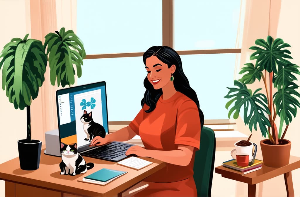  professional detailed photography, work from home woman working at her desk at home with cat and plants. modern vector illustration of home office concept. ar 3:2, (muted colors, dim colors, soothing tones), (vsco:0.3)