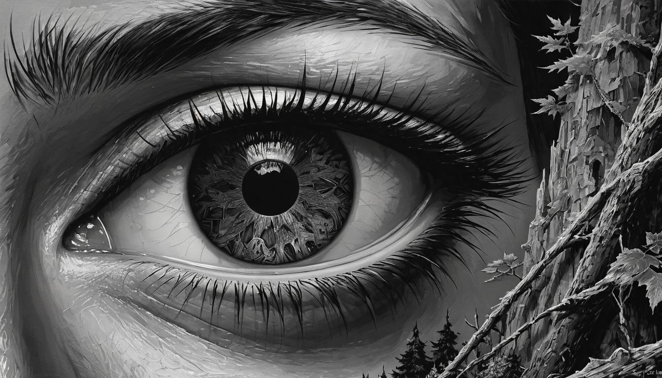  （surrealism)unseen eye, hidden amidst ordinary surroundings, camouflaged but watchful, eerie stillness mystic, intricate details, best quality)