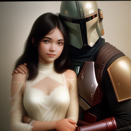  a mandalorian man and a girl stand next to him, hugging., photorealistic, hyperrealistic, hyperdetailed, analog style, demure, detailed skin, pores, smirk, smiling eyes, matte skin, soft lighting, subsurface scattering, realistic, heavy shadow, masterpiece, best quality, ultra realistic, 8k, golden ratio, intricate, high detail, film photography, soft focus