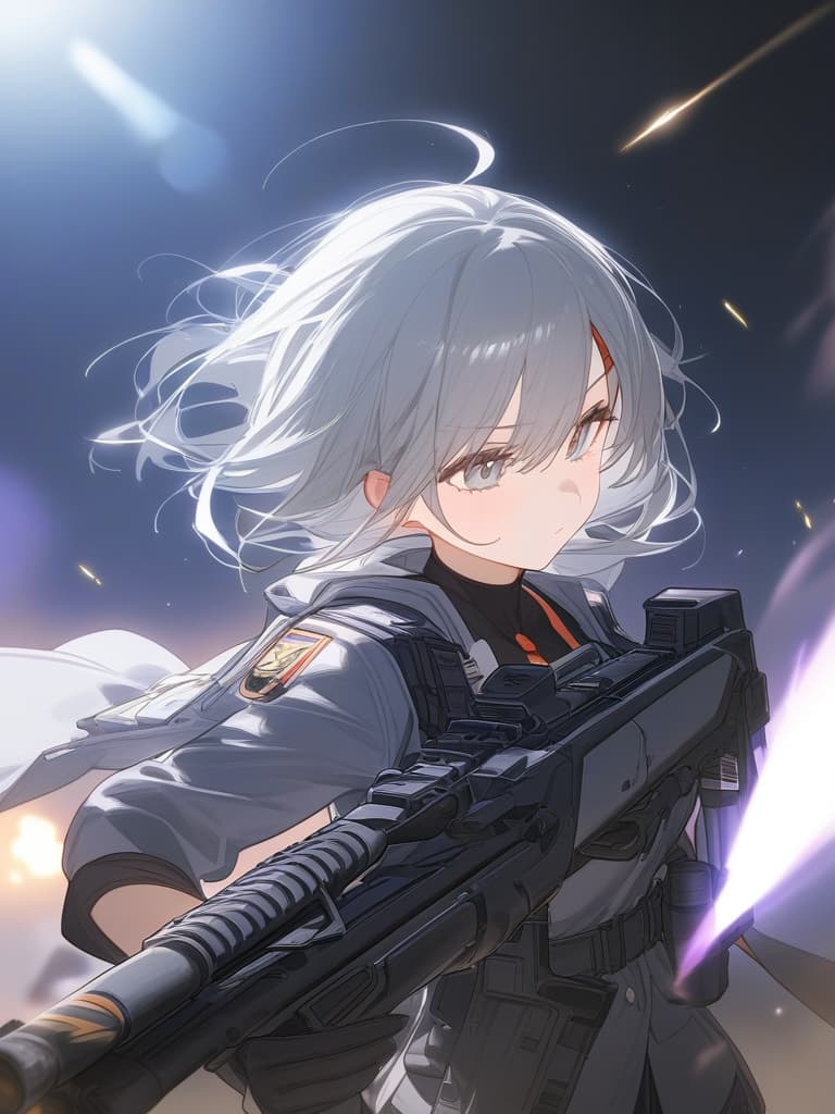  one girl, (masket (gun): 2.0), gray hair, bob cut, sacred magic, clean air, purification light, gun, (light bullet: 2.0)