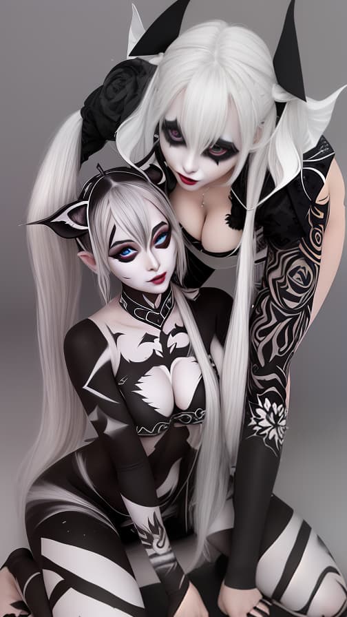  White bat pattern body paint in every corner of the body, Black body paint all over the body, Grey face paint on the face, Two dark elf sisters, full body image 女性