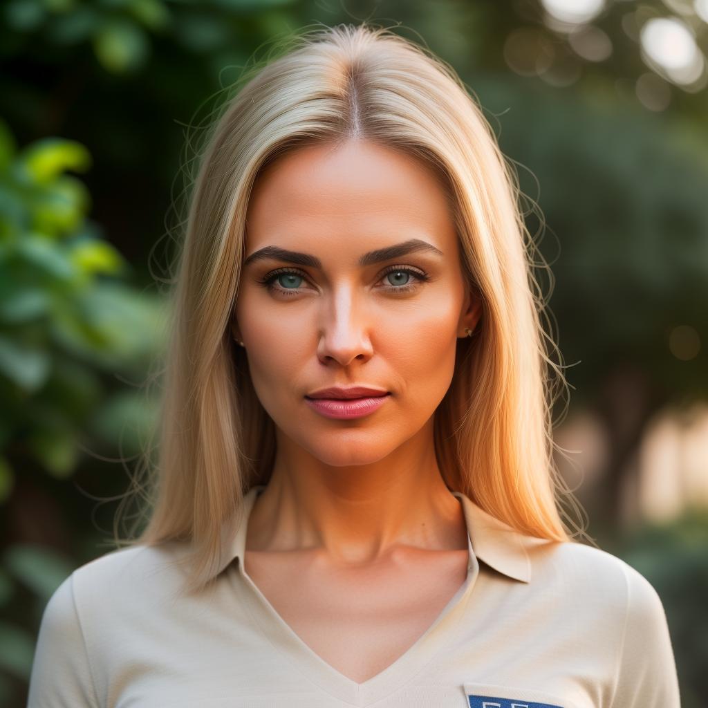  (((realistic full torso frontal head shot of a light beige to medium tan skin tone woman))), beatrix jemima hofmann, ((caucasian heritage)), immature face, blue eye color, ((straight hair style)), ((blonde hair color)), ((athletic body type)), small size, athletic size, (immature small rounded nose), (immature prominent jawline), (immature thin lips), (immature narrow forehead), (immature defined cheekbones), (immature eyebrows), (immature cleft chin), standing straight looking directly into the camera,((wearing fitted polo shirt with deep v neck and monogrammed pocket)), backyard in background, 1girl, best quality, highest quality, award winning photo, masterpiece, raw, professional photography, photorealism, sharp f hyperrealistic, full body, detailed clothing, highly detailed, cinematic lighting, stunningly beautiful, intricate, sharp focus, f/1. 8, 85mm, (centered image composition), (professionally color graded), ((bright soft diffused light)), volumetric fog, trending on instagram, trending on tumblr, HDR 4K, 8K