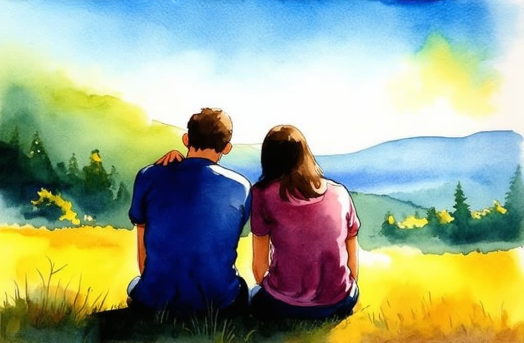  artwork couple a man and a woman sit together bowing their heads on their shoulders and looking into the distance at a beautiful view relationships outdoor recreation dream travel family ar 2:3 ar 3:2, watercolor techniques, featuring fluid colors, subtle gradients, transparency associated with watercolor art