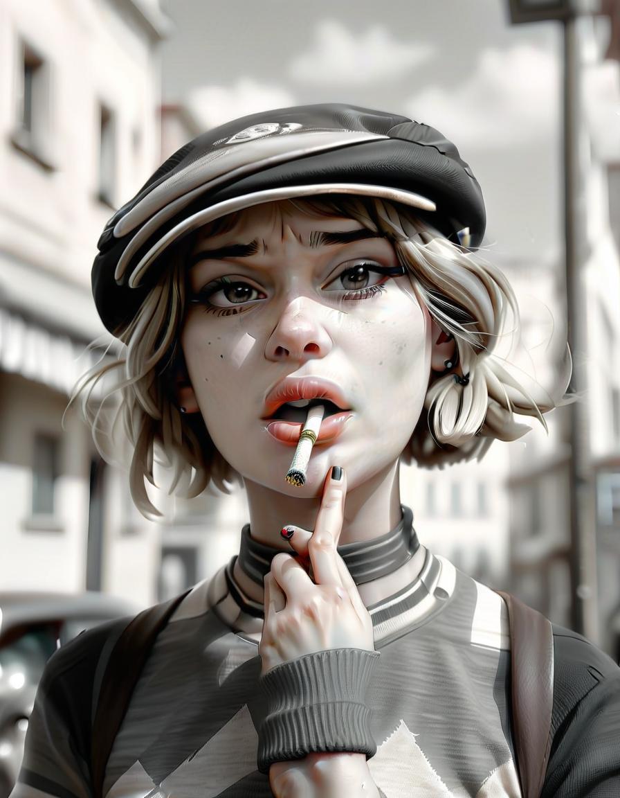  hdr photo of girl, black and white filter. cigarette, twenties, bandit's cap, european appearance . high dynamic range, vivid, rich details, clear shadows and highlights, realistic, intense, enhanced contrast, highly detailed, perfecteyes, film photography style