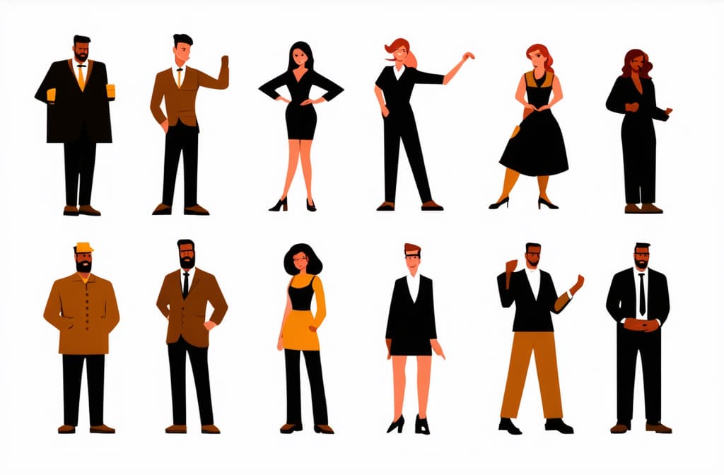  set of vector ready to animate characters of people performing various actions. group of men and women in flat cartoon style design isolated on white background. ar 3:2 {prompt}, maximum details