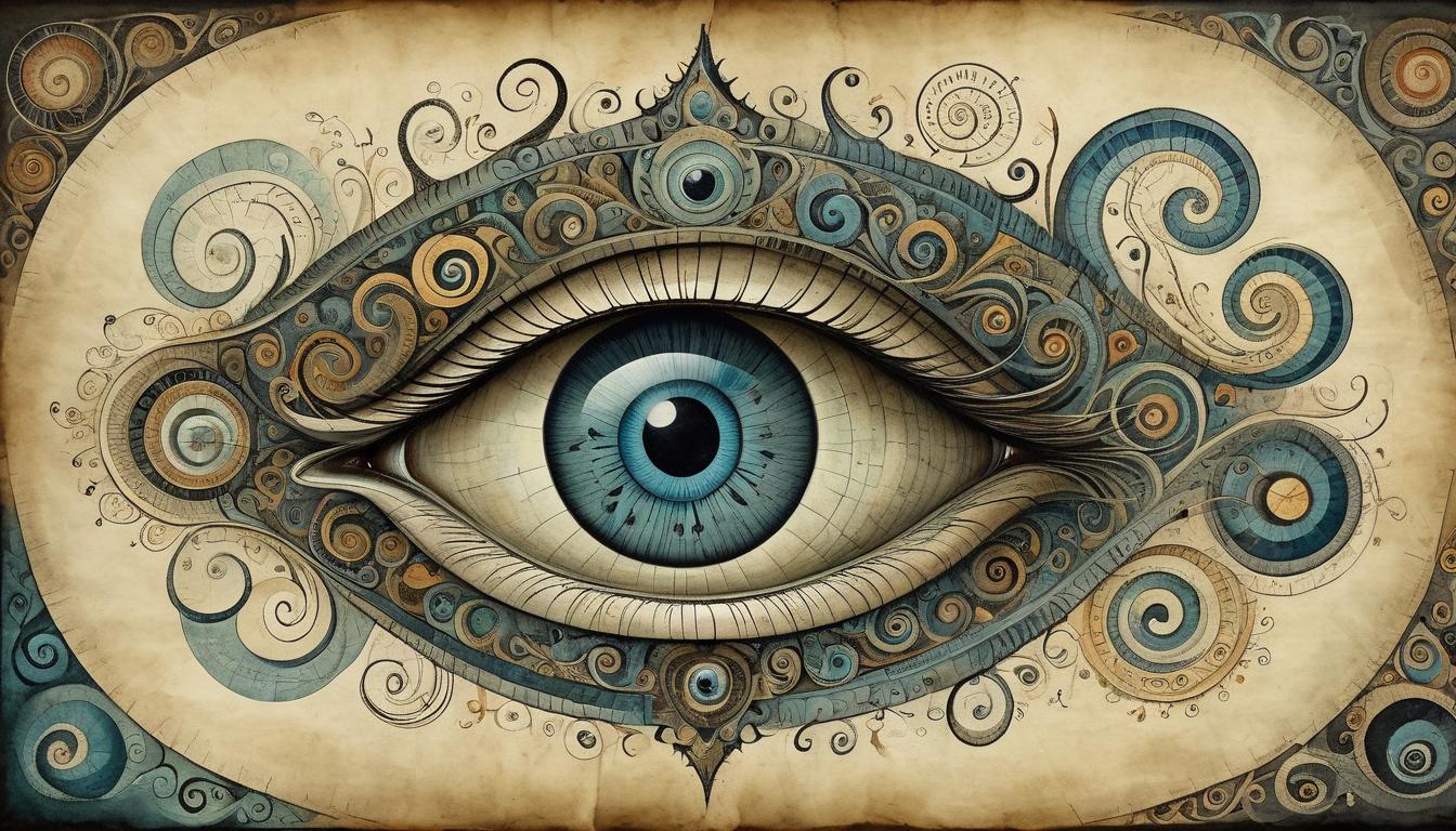  on parchment, surrealism+++, an abstract representation of eyesight, swirling patterns and intricate details forming the semblance of an eye, multiple layers suggesting shifts and transformations, dark new age theme, ethereal, mysterious(mysterious, provocative, symbolic,muted color)+++