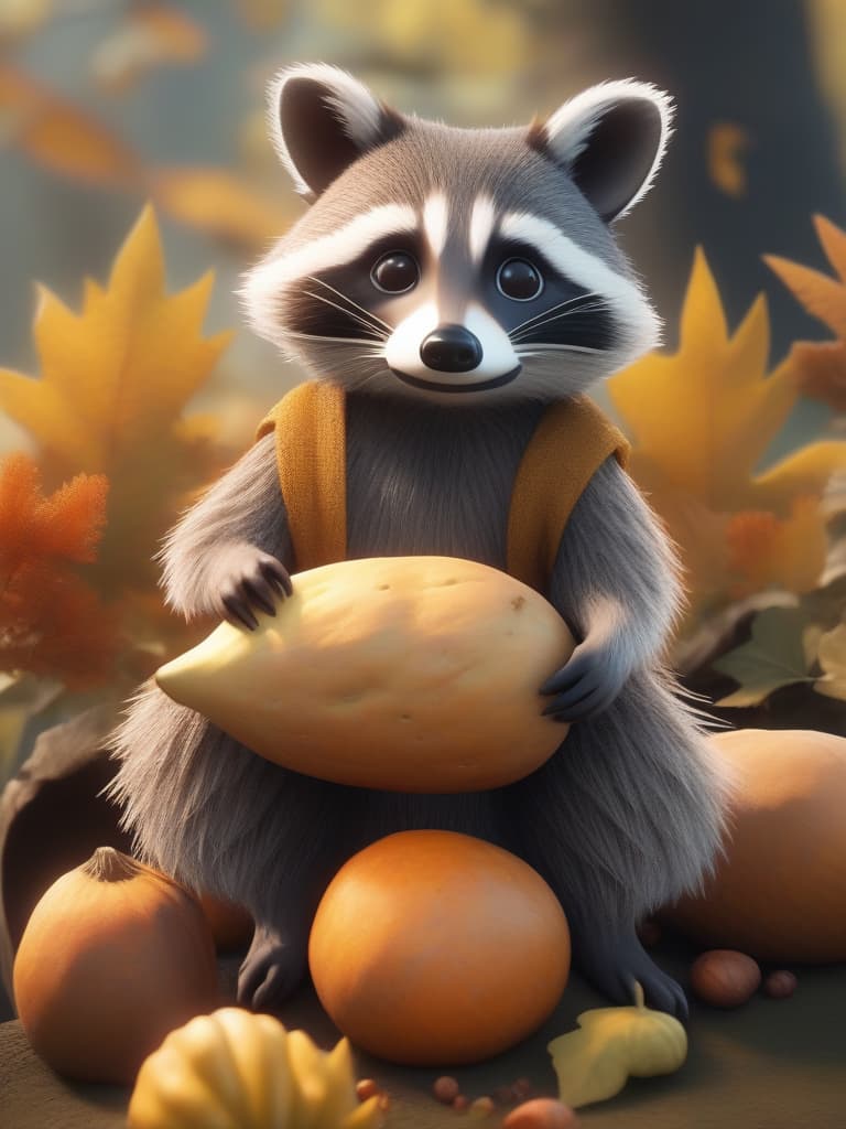  super detailed,8k,high resolution,absurd,employed,detailed,delicately composed,cinematic angles,bold composition,subtle features,{{no people:1.4}}((super cute raccoon)){holding a big sweet potato🍠 with both hands ((signs of autumn,autumn coming))},top quality,masterpiece,