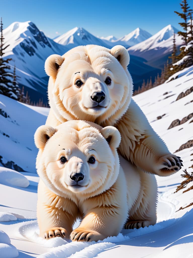  little polar bears roll on the snow and have fun。