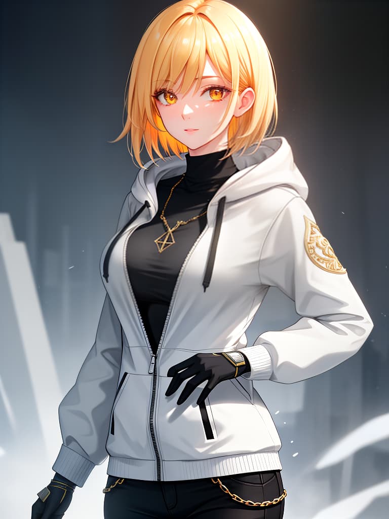  short bob, cool system, boyish, blonde, hoodie, upper body only, skinny pants, singer, orange eye, woman, delicate, black, masterpiece, best quality,8k,ultra detailed,high resolution,an extremely delicate and beautiful,hyper detail hyperrealistic, full body, detailed clothing, highly detailed, cinematic lighting, stunningly beautiful, intricate, sharp focus, f/1. 8, 85mm, (centered image composition), (professionally color graded), ((bright soft diffused light)), volumetric fog, trending on instagram, trending on tumblr, HDR 4K, 8K