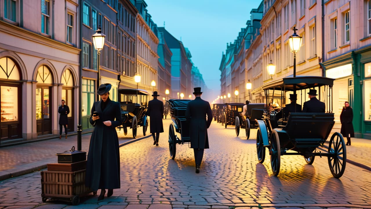  a split scene: on one side, a contemporary urban park with people using smartphones, and on the other, a bustling 19th century street with horse drawn carriages, vintage clothing, and gas lamps illuminating the evening. hyperrealistic, full body, detailed clothing, highly detailed, cinematic lighting, stunningly beautiful, intricate, sharp focus, f/1. 8, 85mm, (centered image composition), (professionally color graded), ((bright soft diffused light)), volumetric fog, trending on instagram, trending on tumblr, HDR 4K, 8K