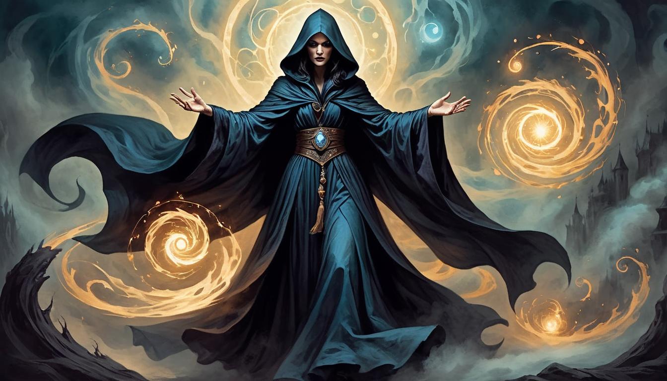  on parchment, surrealism+++, dark sorceresses, cloaked in flowing robes, surrounded by swirling energy, eyes glowing with power, intense, mystical(mysterious, provocative, symbolic,muted color)+++