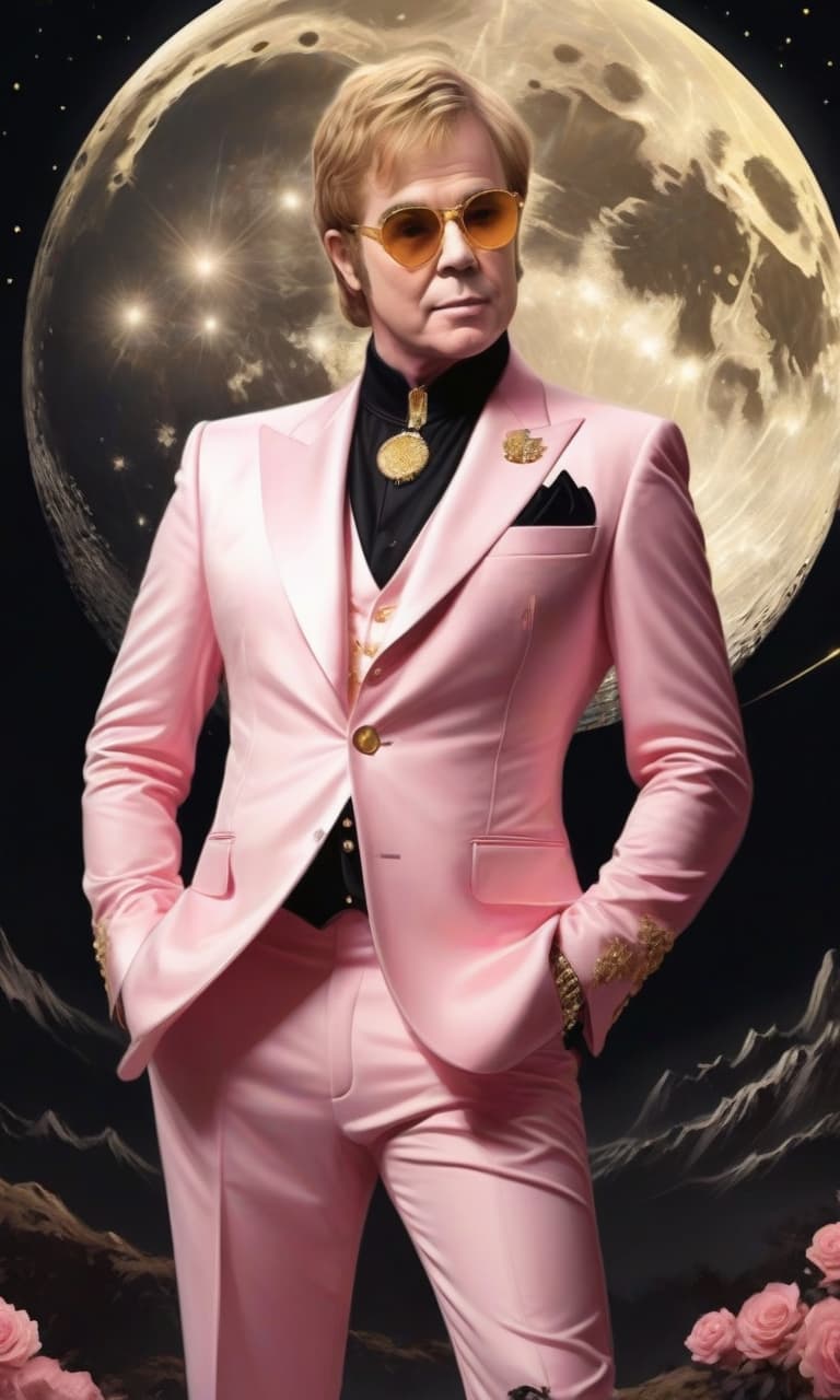  concept art pink, gold, black, white amid the huge golden moon of elton john . digital artwork, illustrative, painterly, matte painting, highly detailed, perfect hands