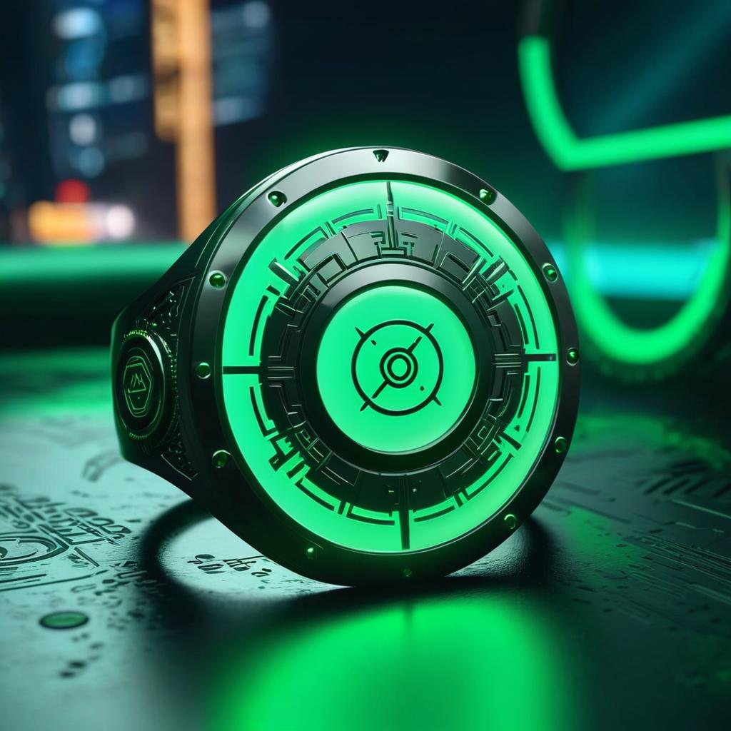  custom green glowing round ring with cyberpunk theme in the background and make the ring center of attention with as much detail as possible and have “zundelzone” somewhere, (logo), advanced, high tech, sleek, sci fi, abstract, digital elements, metallic, neon colors, progressive