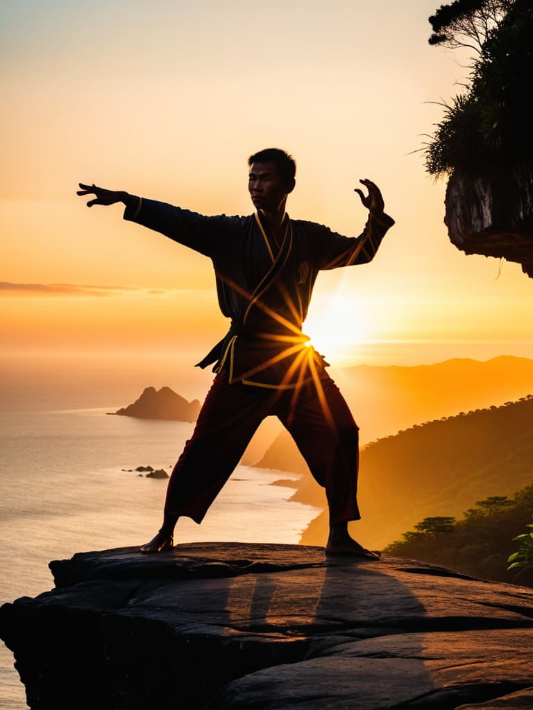  Close up of the silhouette of a man doing Thai Chi on a cliff overlooking the ocean with a sunrise in the background. RAW, realistic