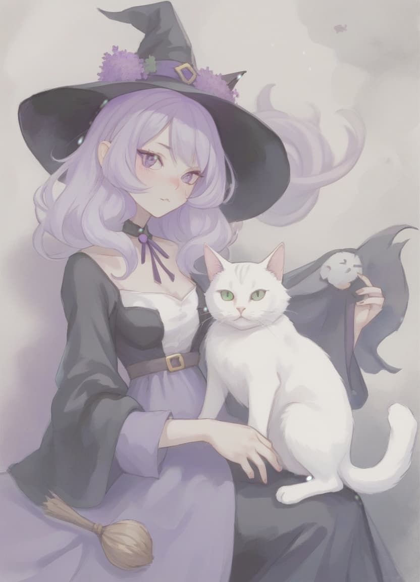  witch with lilac hair, next to a white cat