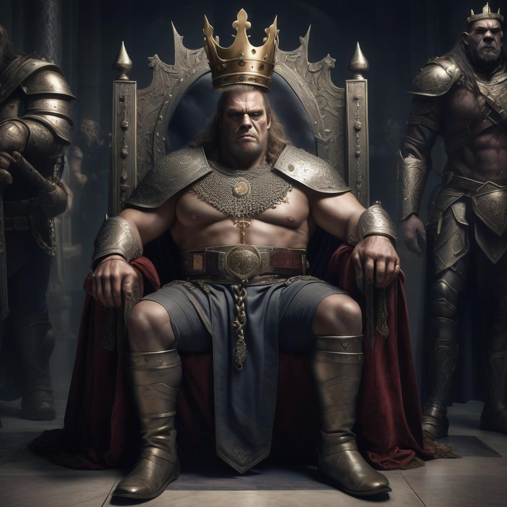  photorealistic picture. the king man with a crown on his head sits on a throne with a large belt in his hand, and in front of him the guard holds an orc chained.