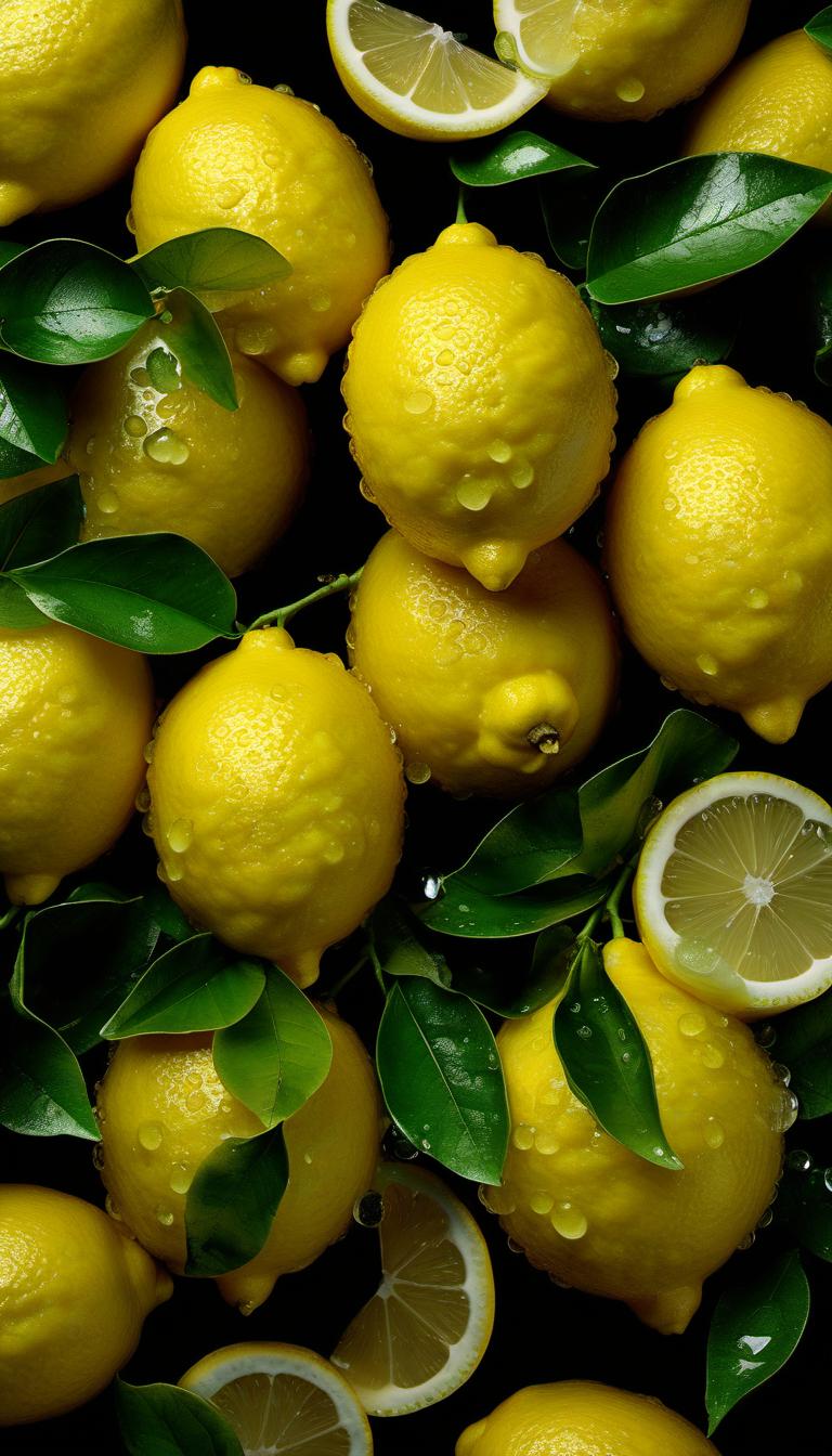  hyperrealistic art juicy yellow lemons on a branch, lemon slices with dew drops and green leaves, many, on a black background, hyperrealistic, professional photo, realistic, 64k, high resolution, bright and juicy, bright lighting, aesthetic, beautiful . extremely high resolution details, photographic, realism pushed to extreme, fine texture, incredibly lifelike