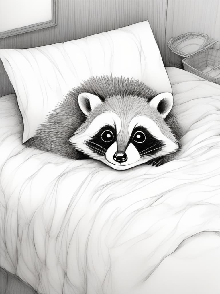  (line drawing,simple) metamorphosis (very cute raccoon),under the covers,