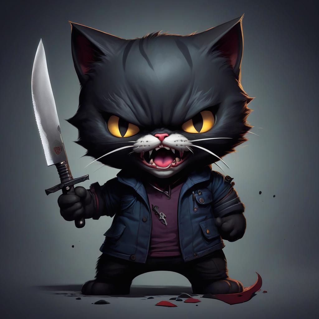  the character of halow kitty is dressed in dark colors, with a knife in his hands and very angry