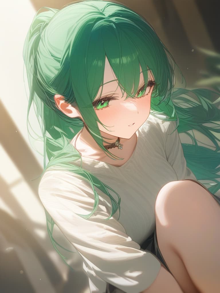  phoenix, green hair, long hair, ponytail, woman in her 20s, masterpiece, best quality,8k,ultra detailed,high resolution,an extremely delicate and beautiful,hyper detail