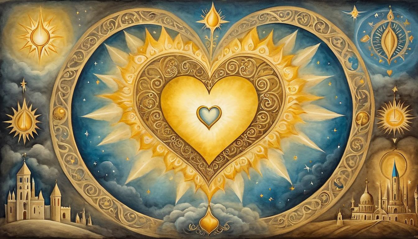  on parchment, surrealism+++, golden heart surrounded by radiant aura, symbols of love and grace, divine gifts, warm and loving atmosphere(mysterious, provocative, symbolic,muted color)+++