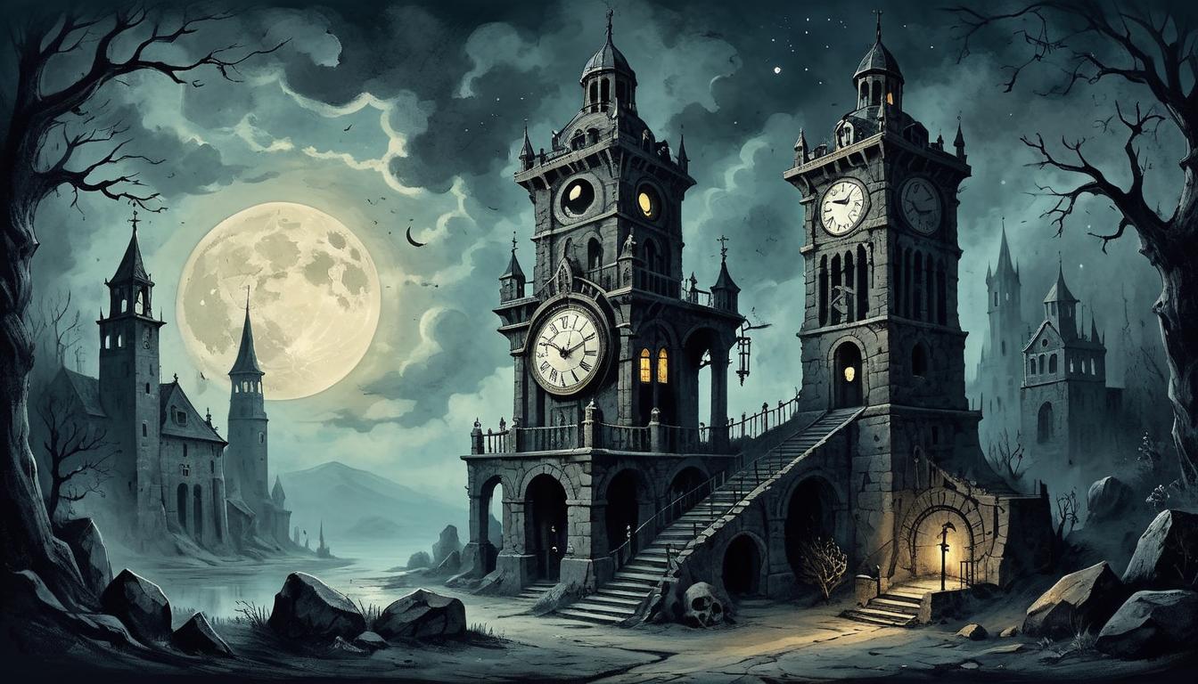  on parchment, surrealism+++, an ancient clock tower striking midnight, heavy pendulum swinging, gears turning, dark and weathered stone, faint moonlight filtering through, sense of inevitability, solemn anticipation.(mysterious, provocative, symbolic,muted color)+++