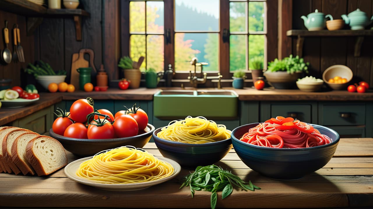  a vibrant kitchen scene featuring a rustic wooden table with freshly baked artisan bread, a bowl of colorful vegan pasta with vegetables, olive oil, and herbs, surrounded by fresh ingredients like tomatoes, basil, and garlic. hyperrealistic, full body, detailed clothing, highly detailed, cinematic lighting, stunningly beautiful, intricate, sharp focus, f/1. 8, 85mm, (centered image composition), (professionally color graded), ((bright soft diffused light)), volumetric fog, trending on instagram, trending on tumblr, HDR 4K, 8K