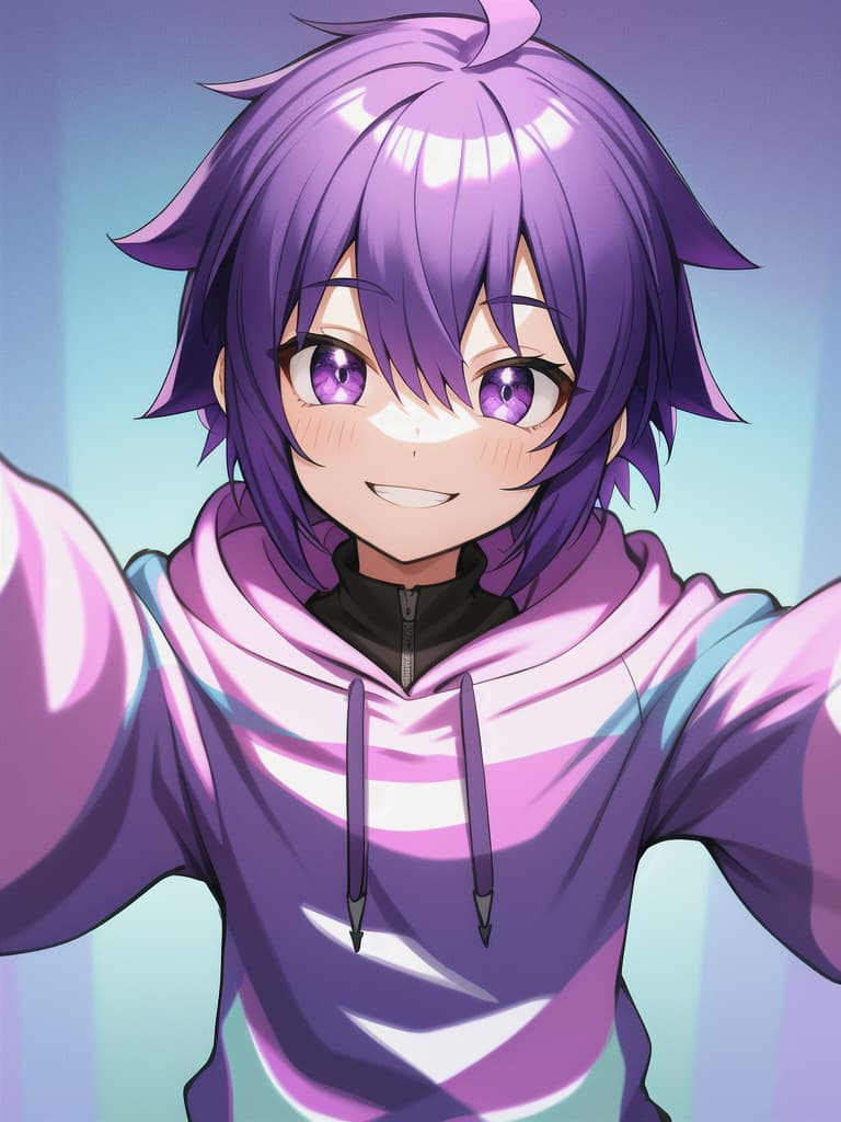  Short, hoodie, purple hair, cute, smile, boy, happy, short, masterpiece, best quality,8k,ultra detailed,high resolution,an extremely delicate and beautiful,hyper detail