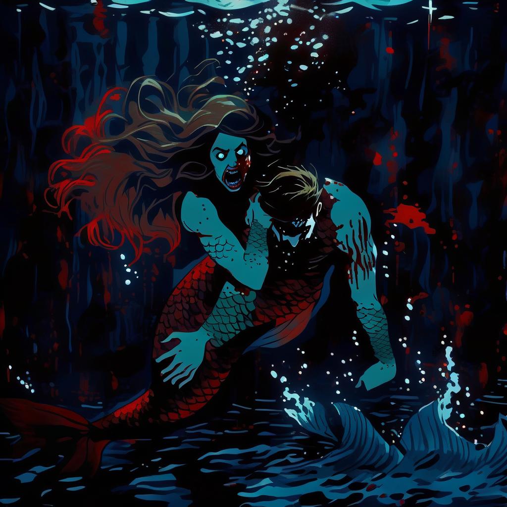  horror, art, creepy mermaid girl grabs the leg of a man and pulls to the bottom under dark water, he breaks out and he is afraid and he begins to vomit blood