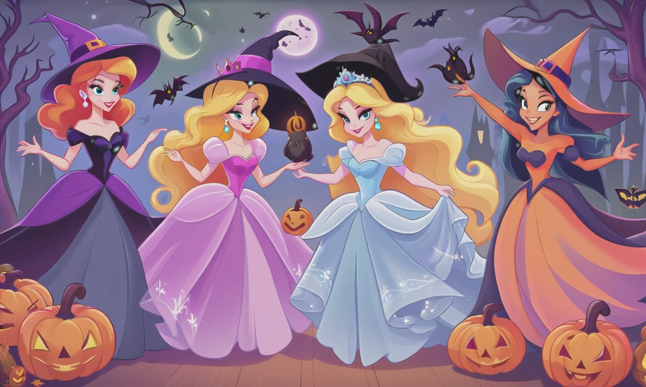  cartoon princesses playing with witches