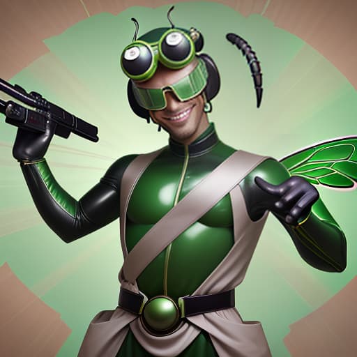  cute cartoon insect beetle character with a green body, big expressive eyes and a smile on his lips. on his head he has a huge brown helmet with goggles, giving him an adventurous look. the insect beetle stands confidently holding a blaster, he has graceful wings and long tendrils. the background is simple and bright inside the starship to emphasize the charm of the funny character with the weapon.