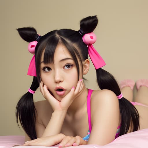  (--Style Photoralism) woman laying in with her crossed and her hand on her mouth, , suki, ing out, pigtail, , bun, pigtails, tight bun, colorful pigtail, v, hot , open, short horns, hello kitty, inviting, cd, with black pigtails, wide open mouth, lips