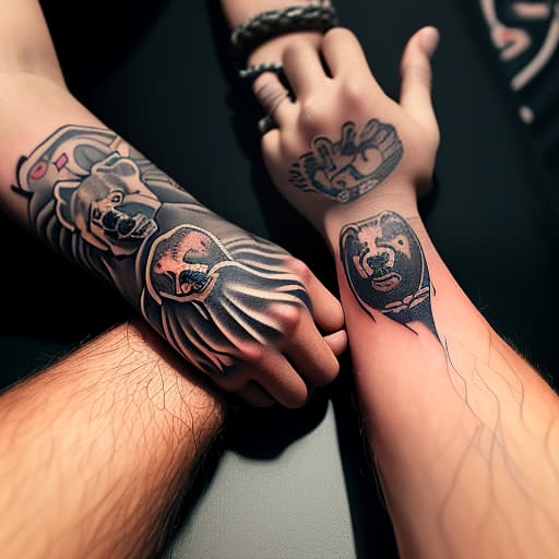  tattoo on the wrist, two bear heads look at each other, powerful paws radiate from the heads of the bears, wrapping around the wrist, thin intertwining lines snake around the figures of the bears