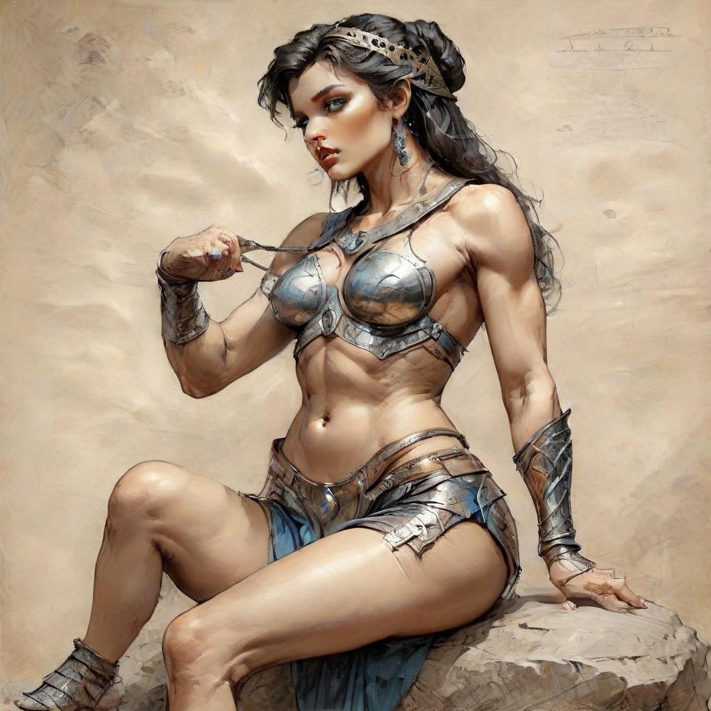  hyperrealistic art picture, professional, hyperrealistic drawing in the style of boris vallejo, julia bell, masterpiece, work of art; sitting on a stone ancient greek amazon in armor, muscular abdominal press, gracefully curved back, convex, elastic buttocks, muscular shins. mysticism, fantasy, atmospheric, filigree, ideal detailing of the image, the highest quality, many details, fine drawing, attention to detail. professional drawing in the style of boris vallejo, julia bell, masterpiece, work of art . extremely high resolution details, photographic, realism pushed to extreme, fine texture, incredibly lifelike, on parchment, oil painting