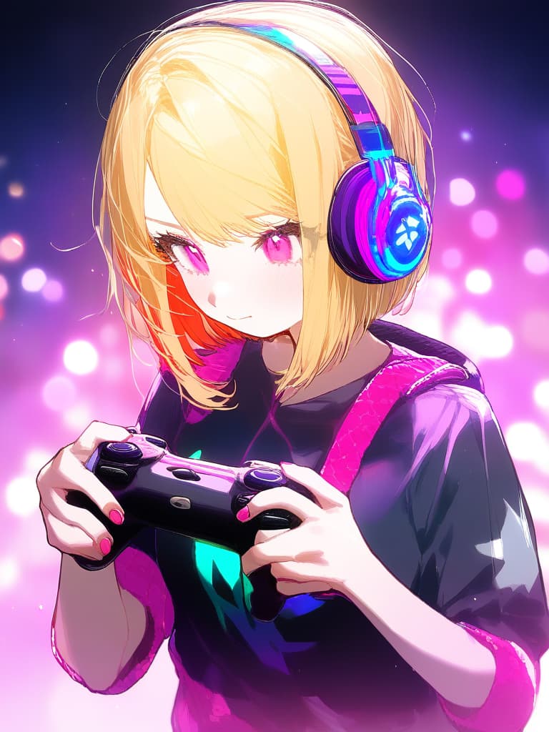  ,(1girl:1.5)(blond hair:2.0)((bob hair:2.0))( headphones🎧:2.0)(holding game controller🎮:2.0)( neon color:2.0)high quality,16k,cute face,neon pink eyes